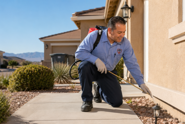 Bug Patrol technician treating the exterior foundation of a home in the Antelope Valley for year-round pest prevention.